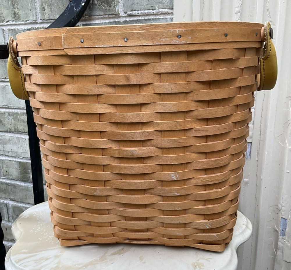 LONGABERGER 2000 Oval waste basket w/ leather handles 10.5" No Liner Cottagecore
